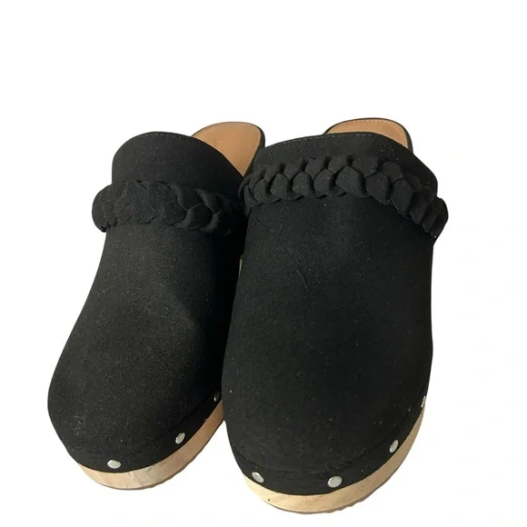 J Crew Women’s Wooden heels Clog Black Faux Suede Studded Size 6.5. - Picture 5 of 10